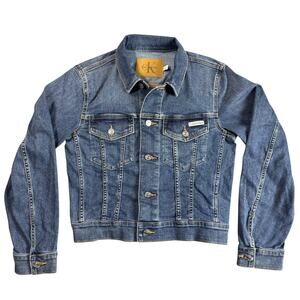 Calvin Klein Denim Jacket Womens XS Dark Wash Trucker Stretch Jean Cropped